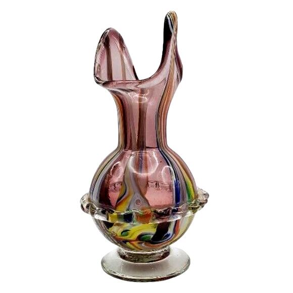 Art Glass Vase Hand Blown Applied Ruffled Edge Lead Crystal Mottled Multicolor - Picture 2 of 10